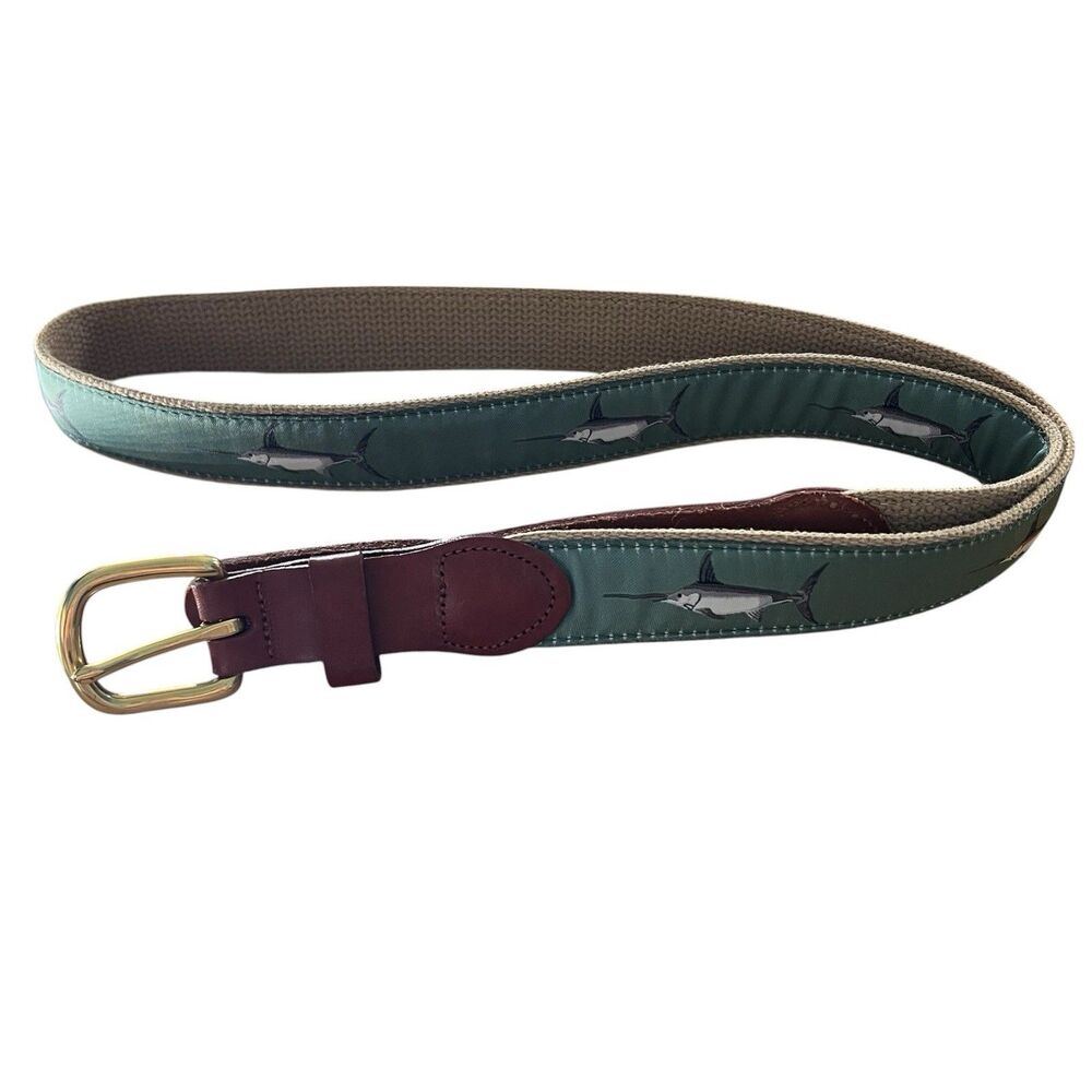 Leather Man Ltd. Green Swordfish Ribbon Belt Brass Canvas Leather Sz 44 Made USA